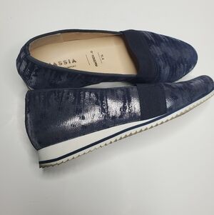 Hassia Blue and Silver Metallic Slide On Flats Womens 8 Wide